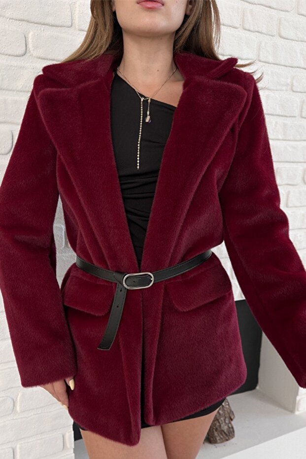 Women's Black Belt Detailed Flap Pocket Classic Collar Soft Textured Stylish Fox Jacket