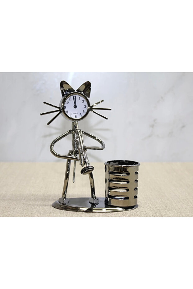 Metal Saxophone Playing Cat Musician Clock and Pen Holder Alk4346