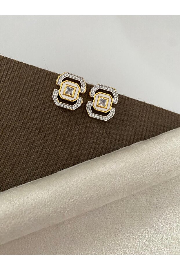 White Mineral Zircon Detail Design Square Earrings