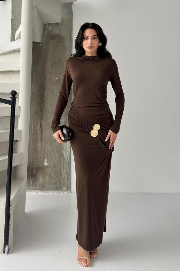 Brown Gathered Buckle Detailed Dress