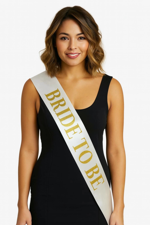 Thick Gold Written Bride to Be Sash on White Satin 10 cm Width