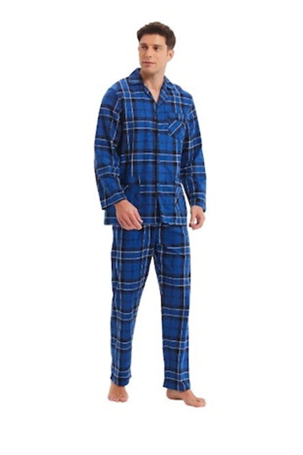 Set Pijama Bărbați, Global, Carouri Albastre/Negre, Bumbac Subțire, M INTL - 1