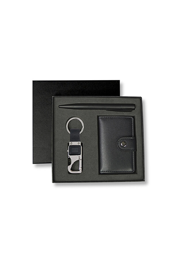 REINE - Set of RFID Card Holder, Key Chain and Pen - Black