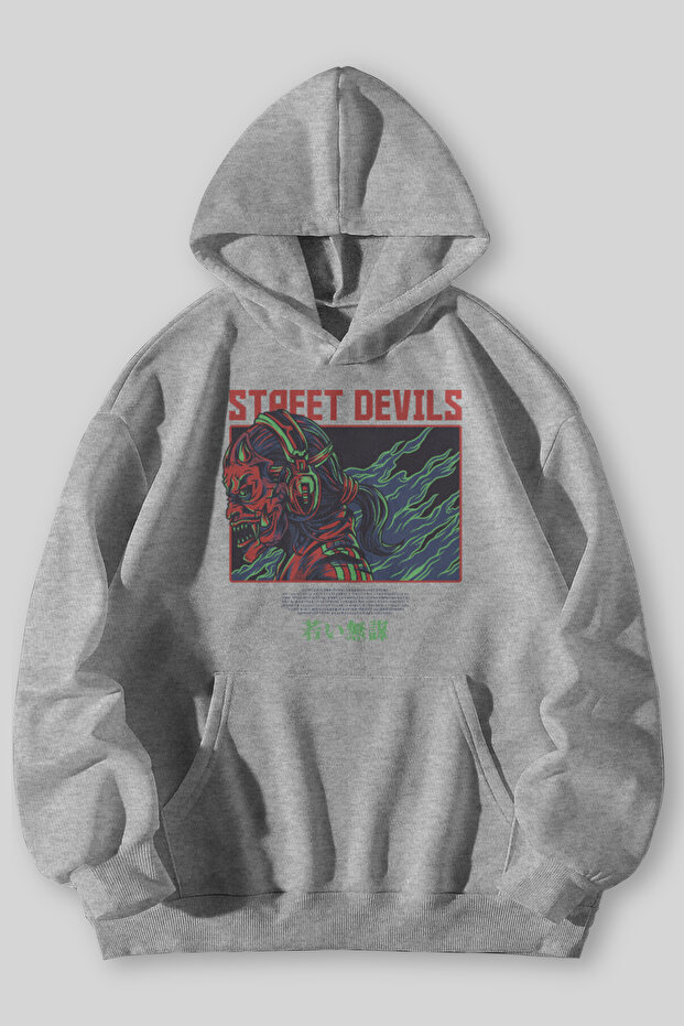 Street Devils Printed Unisex Black Gray Kangaroo Pocket Hooded Sweatshirt Hoodie