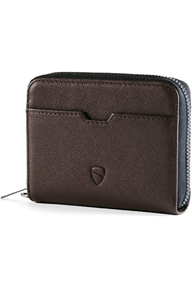 Minimalist Leather Zipper Wallet. Small RFID-Blocking Multi-Card Holder with Coin Compartm