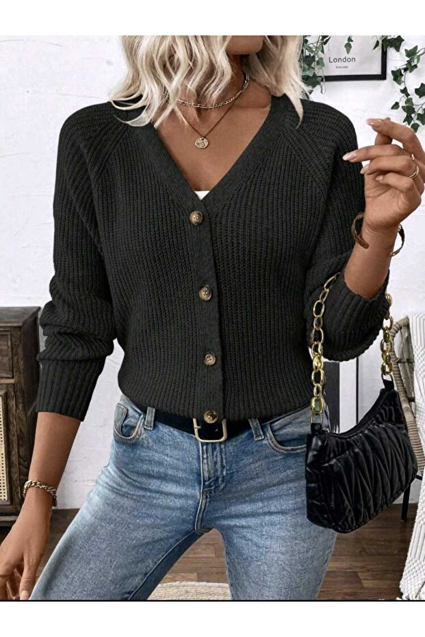 Long Sleeve Woven Detailed V-Neck Buttoned Model Knitwear Cardigan