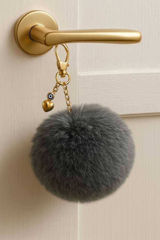 Plush Fluffy Pompom Puff Anthracite Furry Home Office Car Phone Wallet Bag Keychain Gold Accessory