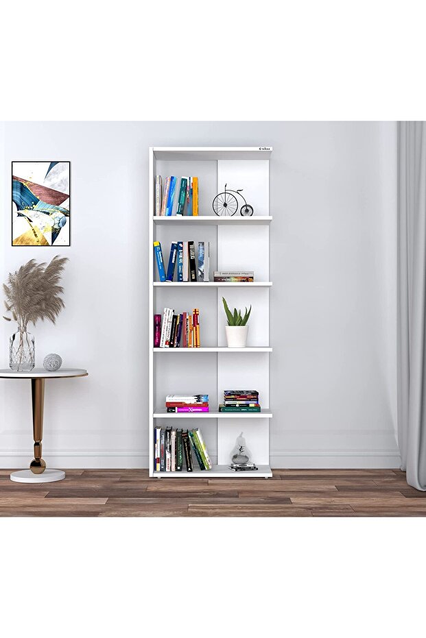 5-Shelf White Bookcase – Wooden Storage & Display Unit for Living Room and Office