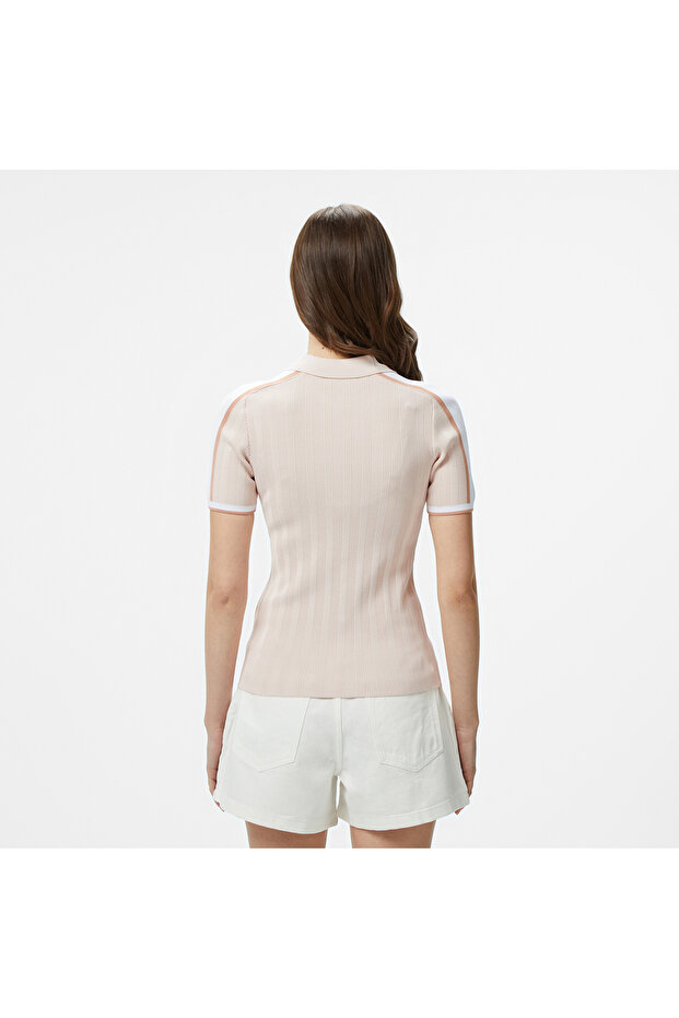 Kadın Slim Fit Kısa Kollu Yarım Fermuarlı Krem Triko - 3