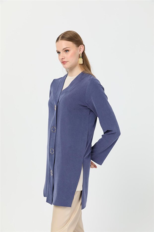 Halka Çıtçıtlı Hırka İndigo - 7