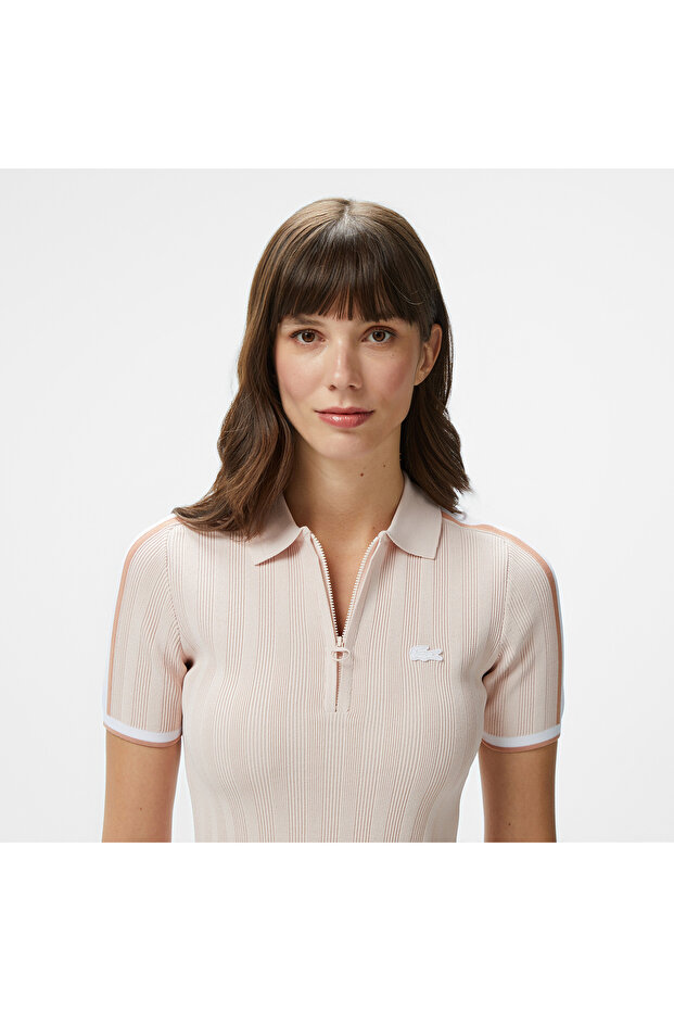 Kadın Slim Fit Kısa Kollu Yarım Fermuarlı Krem Triko - 2