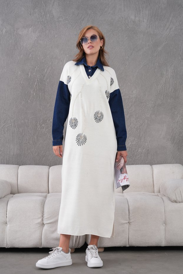 Women's Sleeves Denim Front Beading Wide Fit Long Knitwear Dress