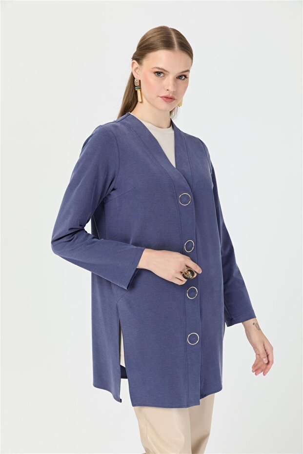 Halka Çıtçıtlı Hırka İndigo - 3