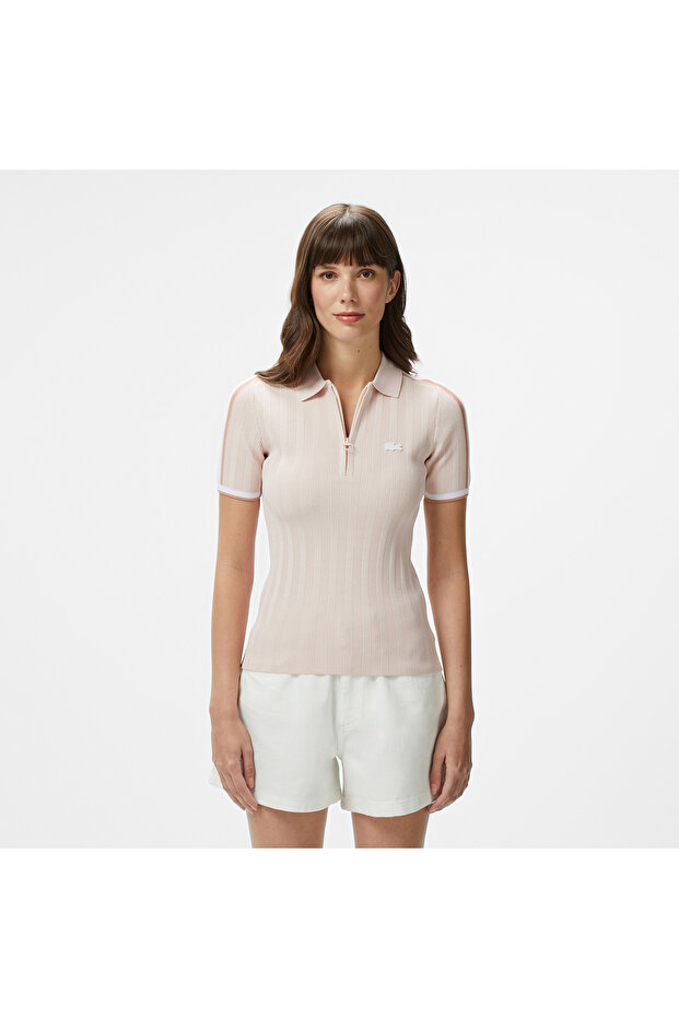 Kadın Slim Fit Kısa Kollu Yarım Fermuarlı Krem Triko - 1