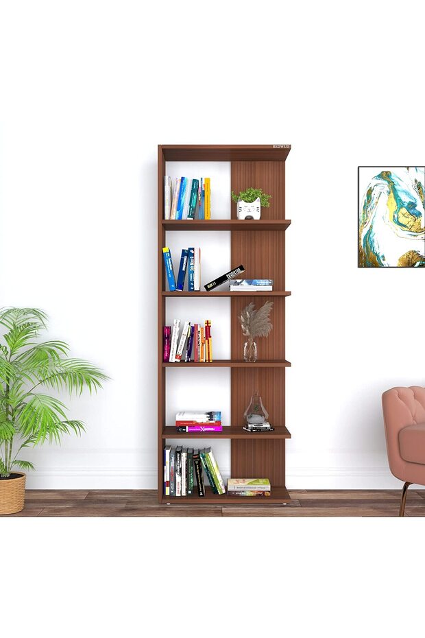 5-Shelf Brown Bookcase – Wooden Storage & Display Unit for Living Room and Office