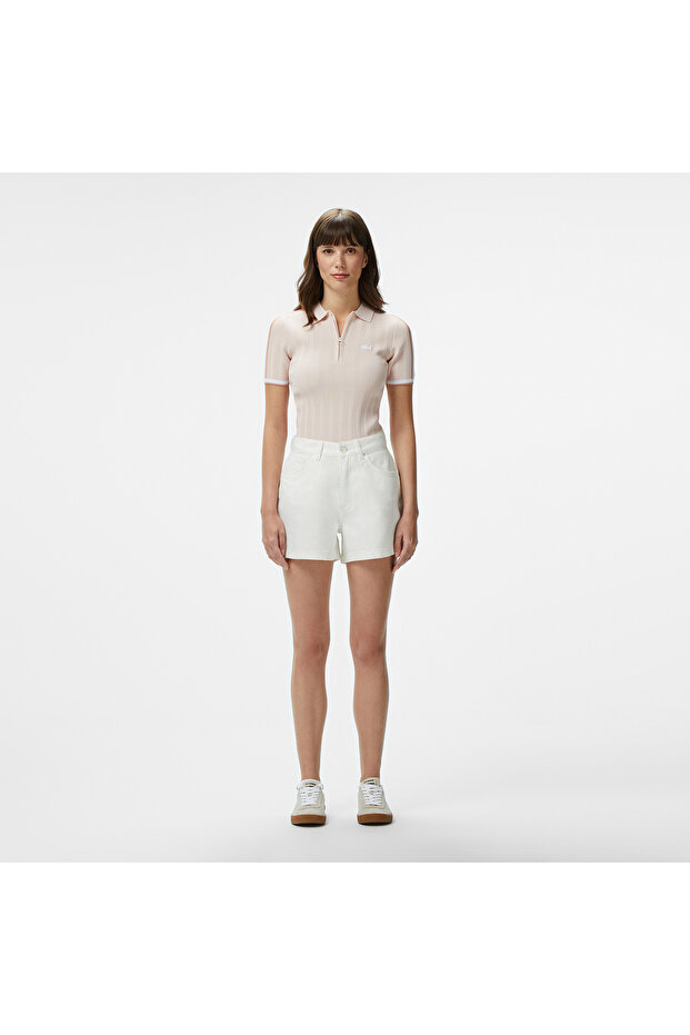 Kadın Slim Fit Kısa Kollu Yarım Fermuarlı Krem Triko - 4