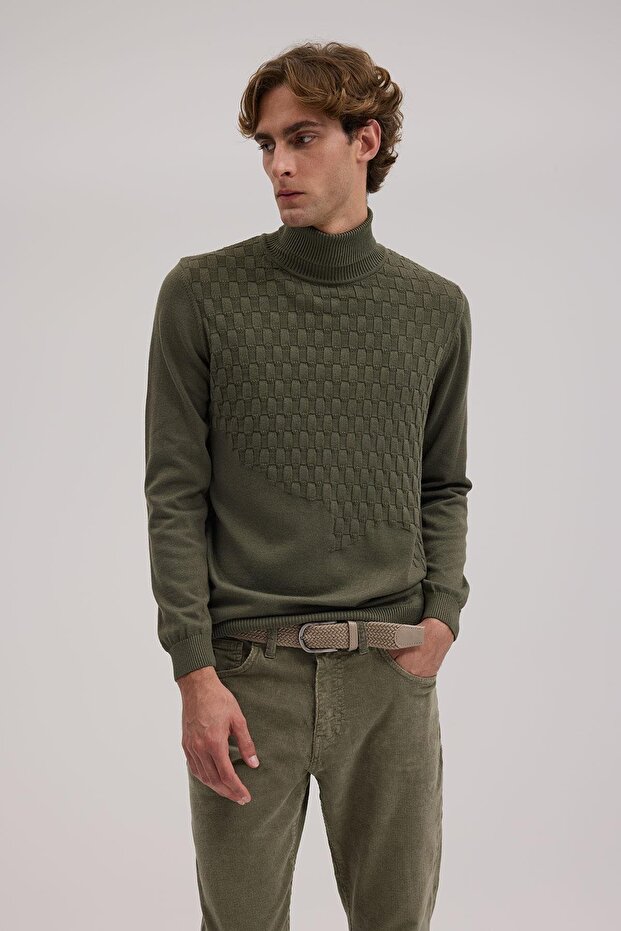 Khaki Slim Fit Full Turtleneck Men's Knitwear