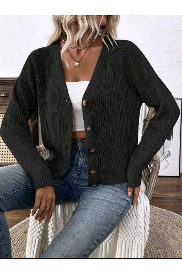 Basic V Yaka Düğmeli Triko Hırka - 2