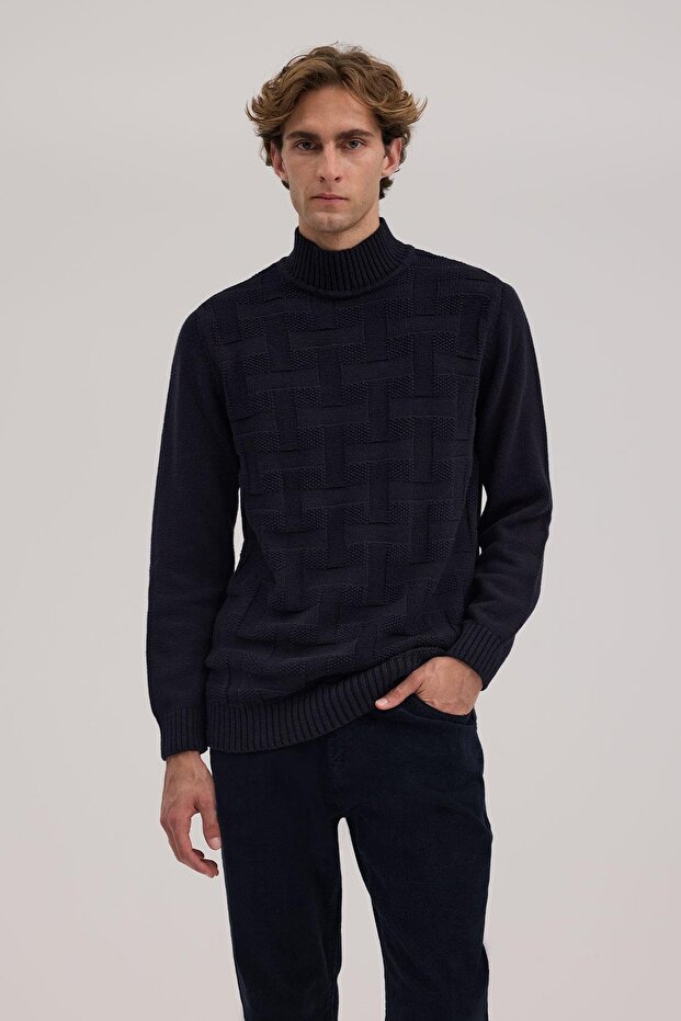 Navy Blue Slim Fit Half Turtleneck Men's Knitwear