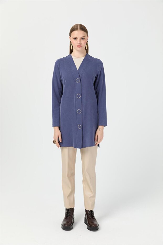 Halka Çıtçıtlı Hırka İndigo - 1