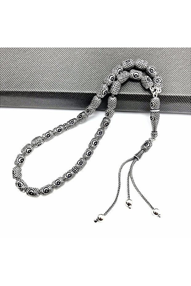Capsule Cut Crescent and Star Patterned Silver Prayer Beads