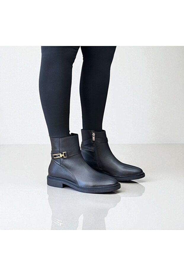 Black Genuine Leather Buckle Women's Internal Zipper Boots