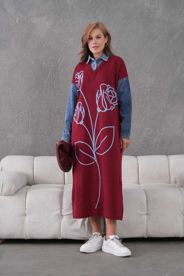 Women's Sleeves Denim Front Beading Wide Fit Long Knitwear Dress