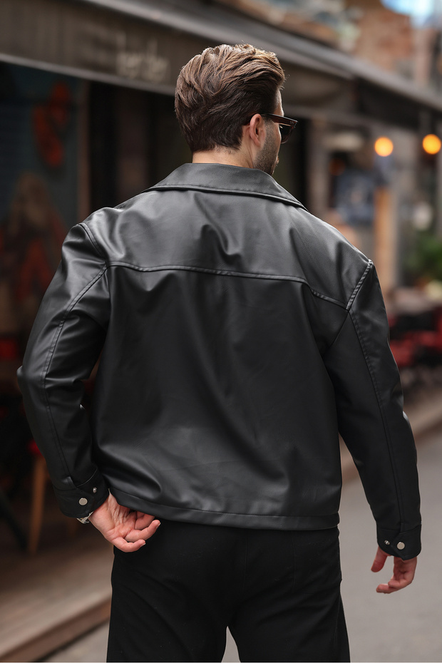 سترة جلدية أساسية كبيرة الحجم - تصميم أيقوني بسحاب مزدوج - 4