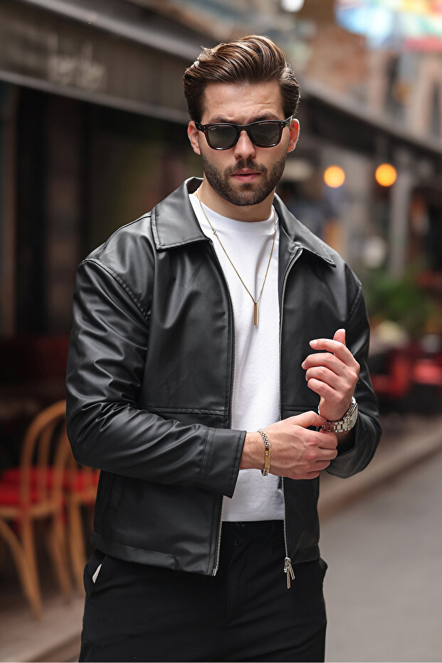 سترة جلدية أساسية كبيرة الحجم - تصميم أيقوني بسحاب مزدوج - 2