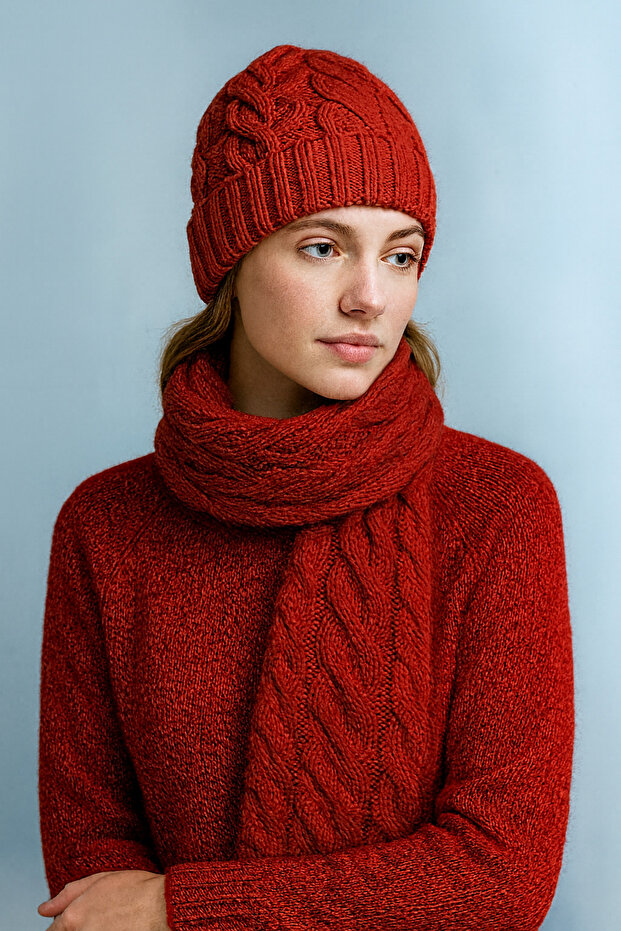 Women's Elegant Knitted Patterned Beanie & Scarf Set