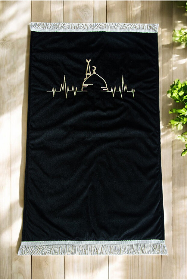 Mosque Nebevi Embroidered Velvet Prayer Rug Black