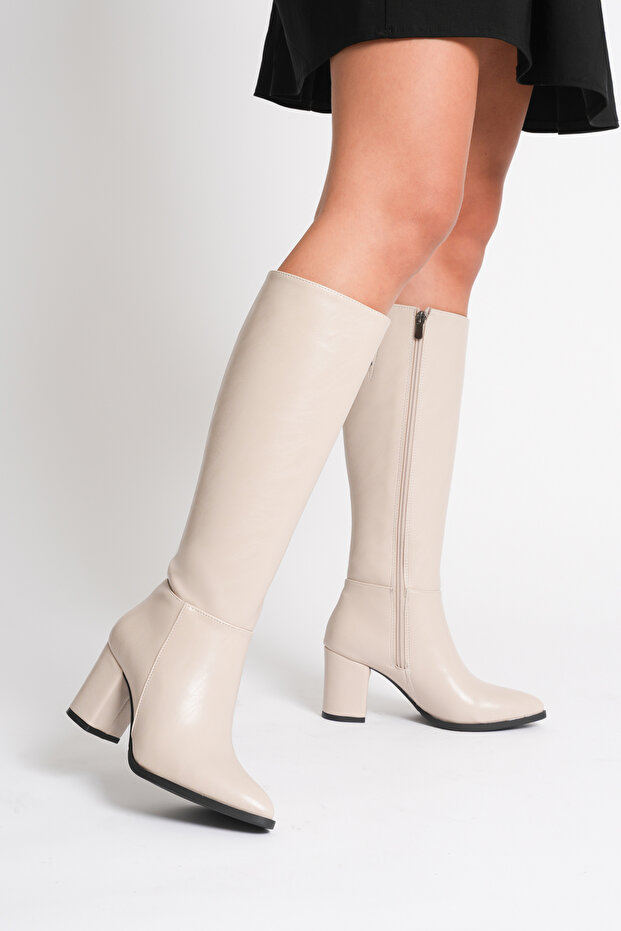 Asya Beige Skin Knee-High Zippered Boots
