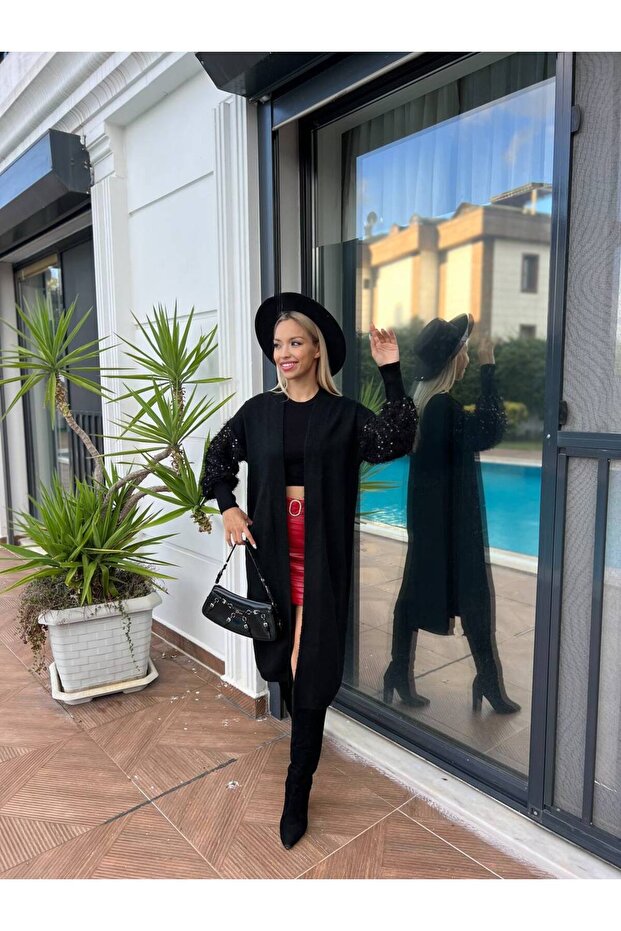 Kolları Pullu Uzun Triko Hırka - 7