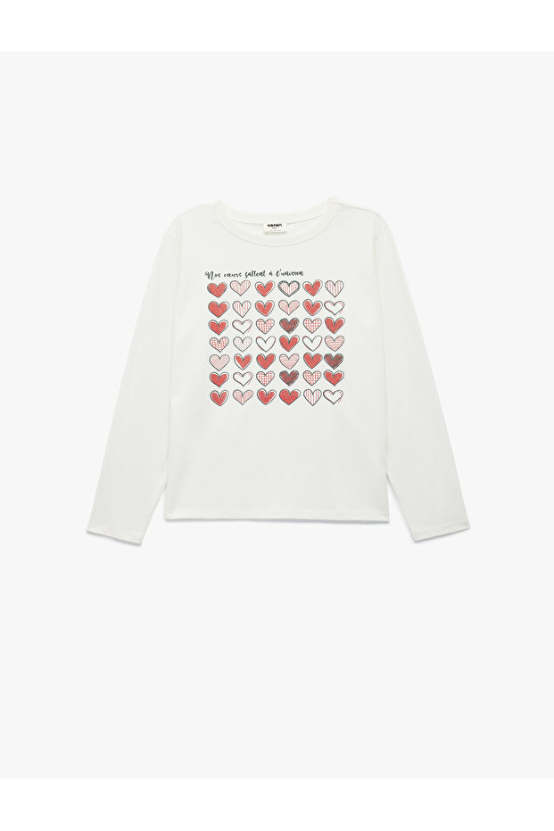 Long Sleeve Cotton Crew Neck Glitter Heart Print T-Shirt
