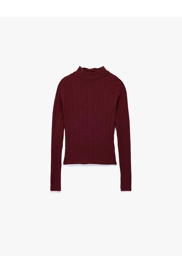 Ruffle Detailed Stand Collar Long Sleeve Knitwear Sweater