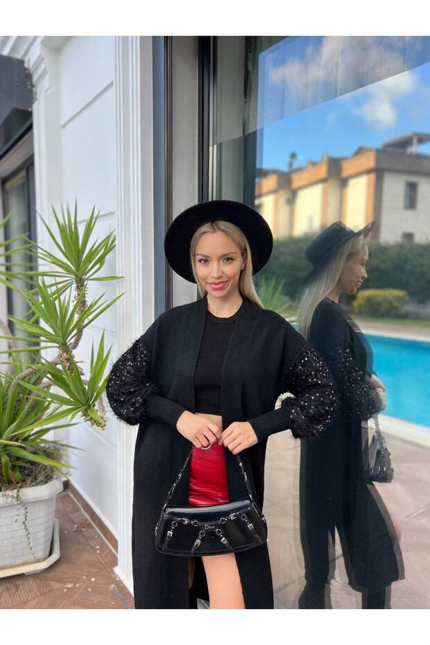 Kolları Pullu Uzun Triko Hırka - 5