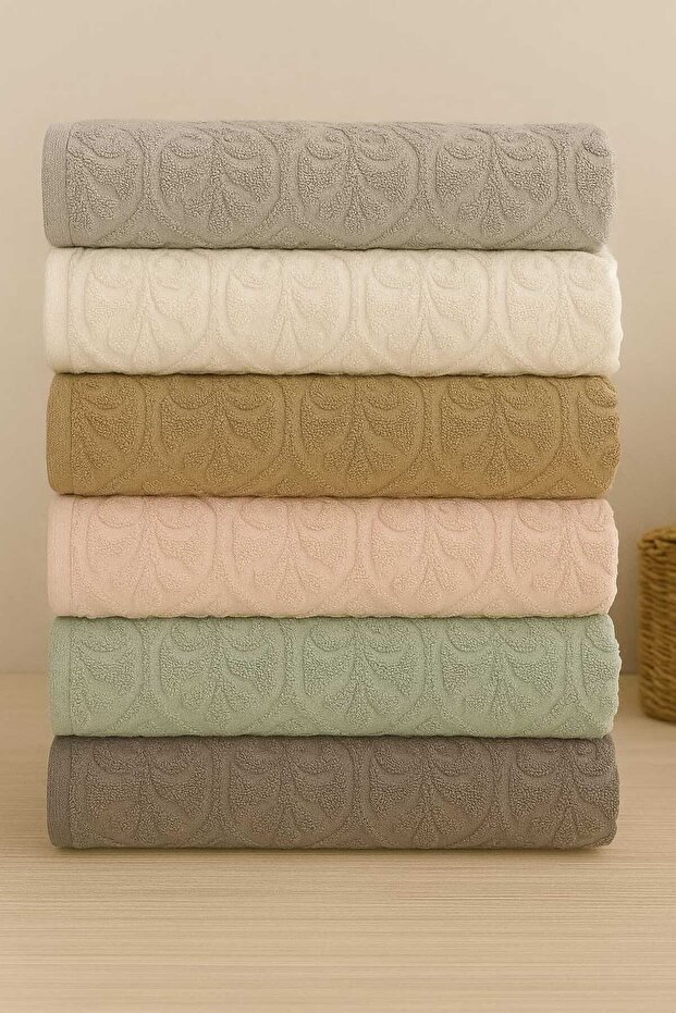 Jacquard Floral Patterned 50*90 cm Set of 6 Hand and Face Towels - Dowry - Gift - Kitchen 100% Cotton