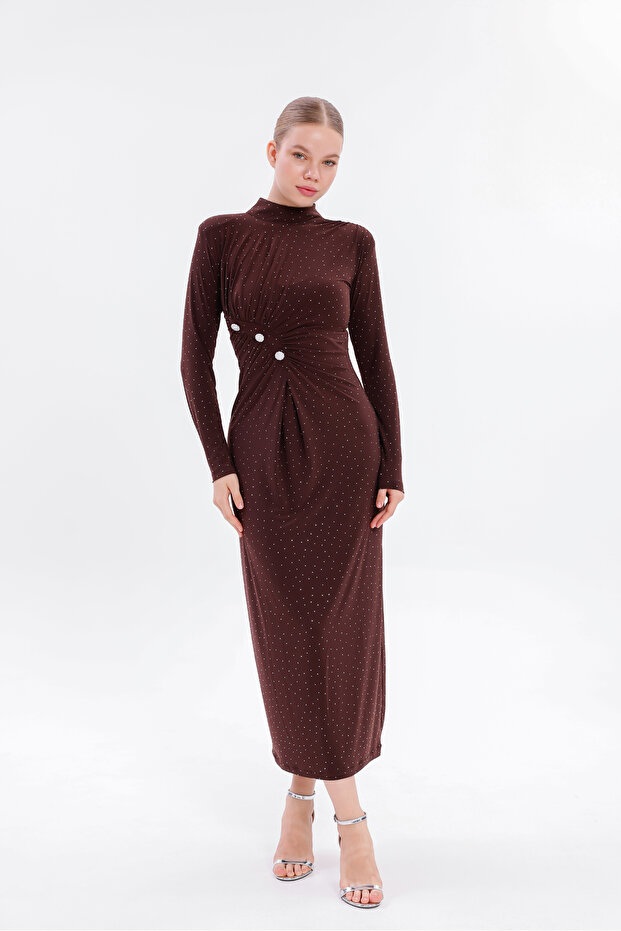 Women's Bitter Brown Stone Long Sleeve Sandy Evening Dress