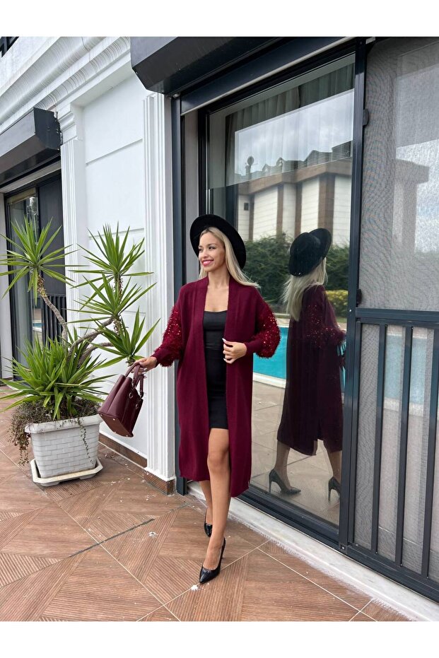 Kolları Pullu Uzun Triko Hırka - 8