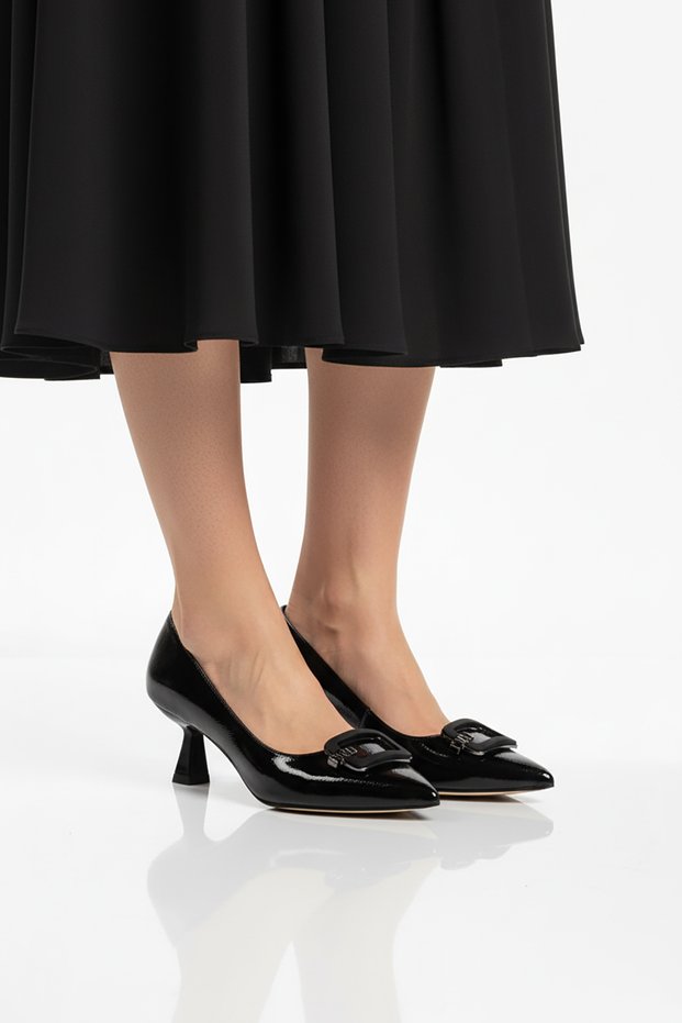 Black Wrinkled Thin Short Heeled Women's Evening Dress Shoes 357189 Z