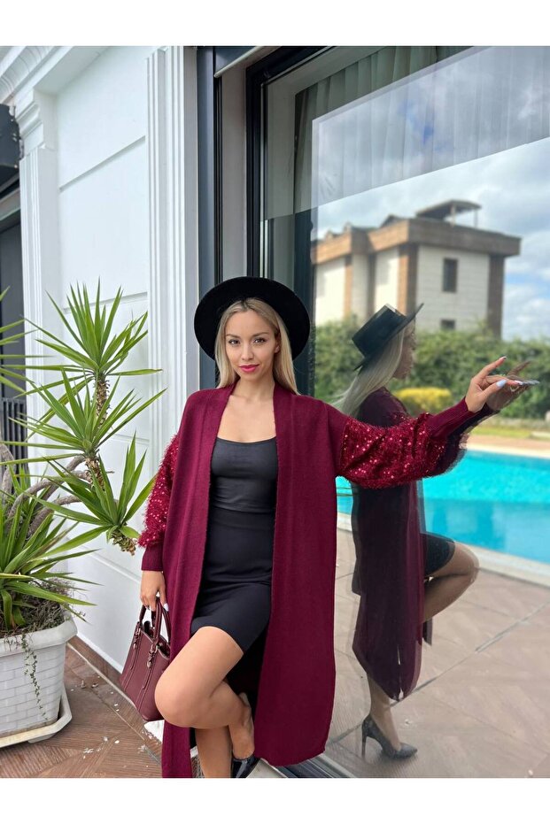 Kolları Pullu Uzun Triko Hırka - 6