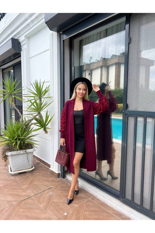 Kolları Pullu Uzun Triko Hırka - 7