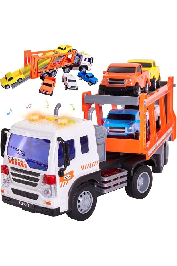 NEW Car Tow Truck Toy Children with 4 Mini Cars, Car Transporter Truck Toy with Sound
