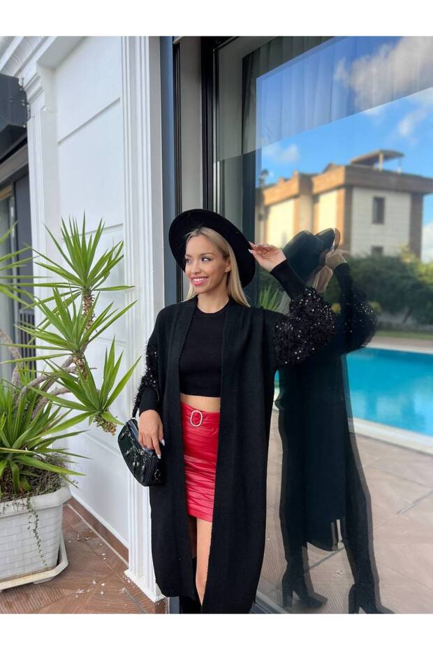 Kolları Pullu Uzun Triko Hırka - 2