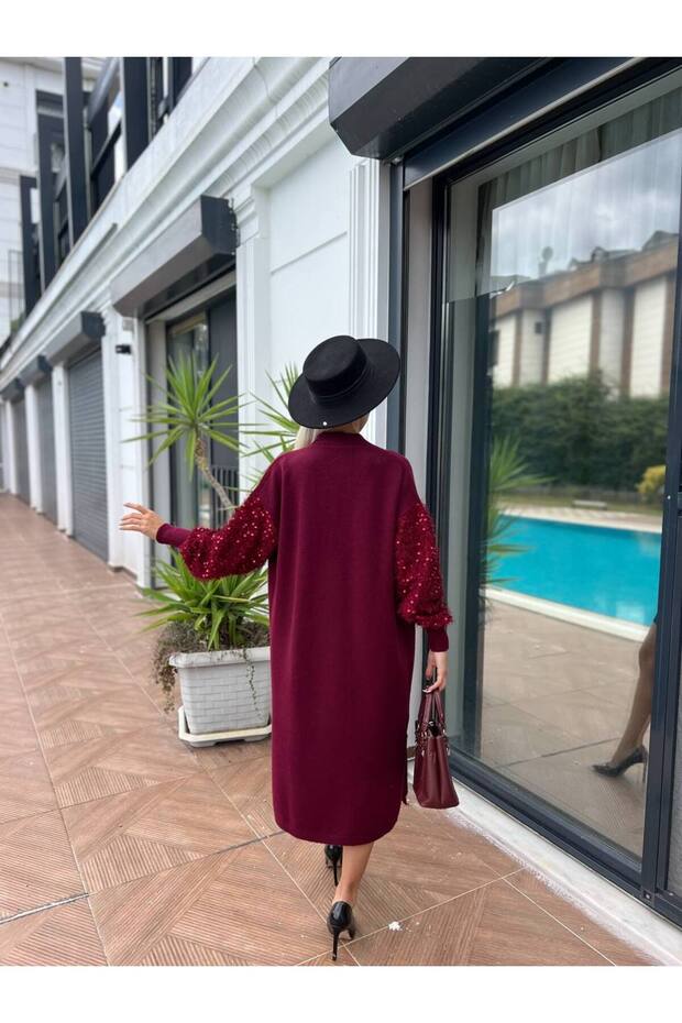 Kolları Pullu Uzun Triko Hırka - 4