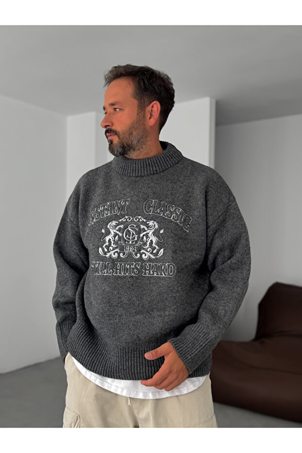 Antrasit Instant Nakış Geniş Yaka Oversize Kazak G-18133 - 1