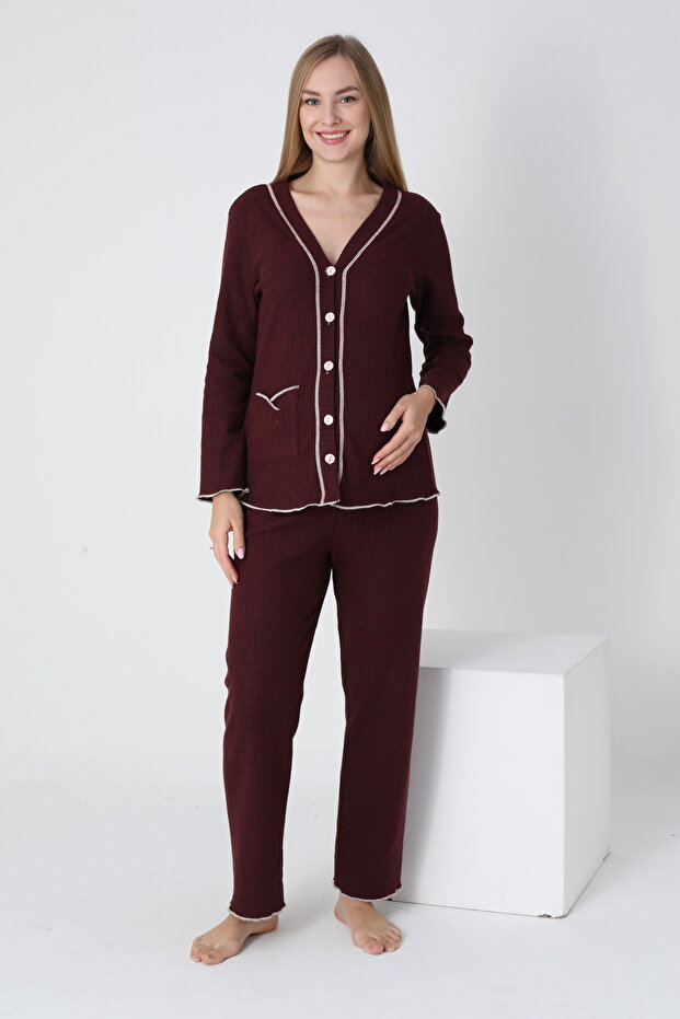 Pregnancy Pajamas Set with Front Button Adjustable Waist Sleeves and Ruffle Detail