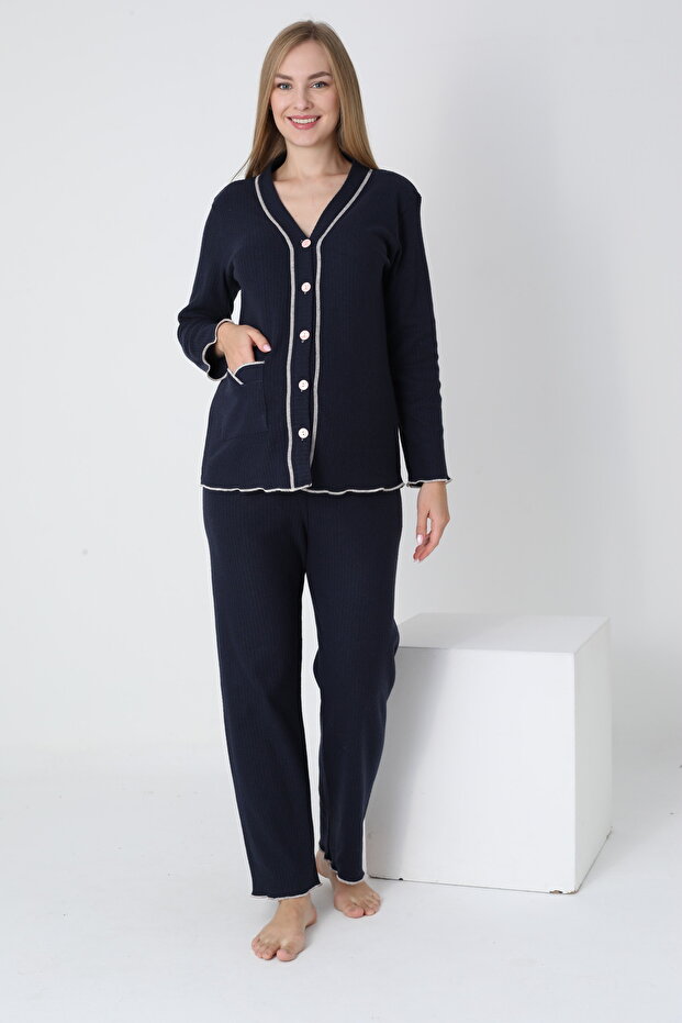 Pregnancy Pajamas Set with Front Button Adjustable Waist Sleeves and Ruffle Detail
