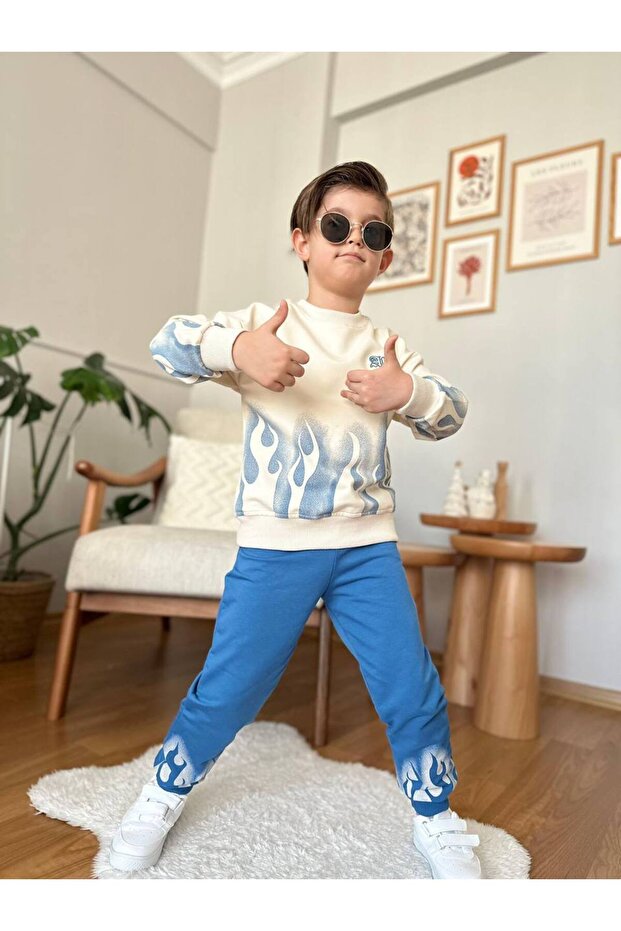 Flame Detailed Boys' Sweatshirt and Sweatpants Set