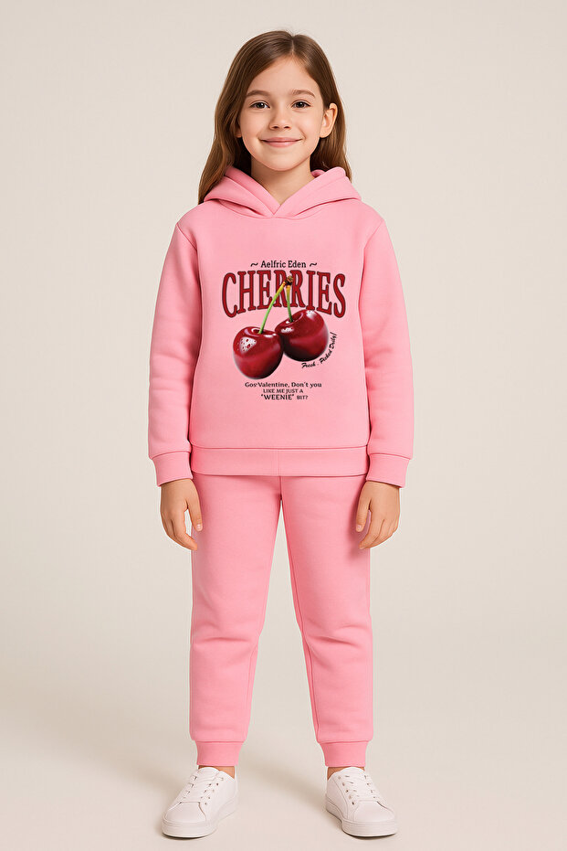 Premium Compact Cherry Printed Children's Hooded Sweatshirt Tracksuit Set - 2 Piece Sportswear Set